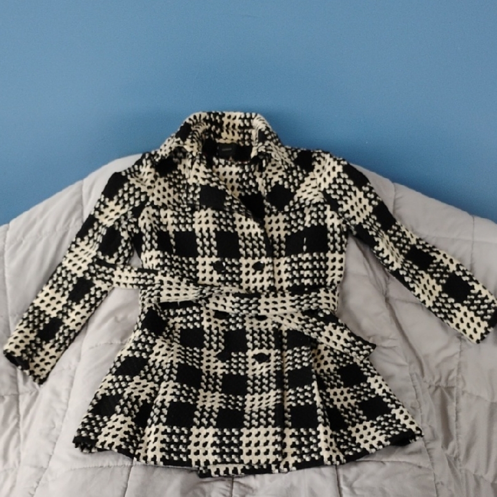 Express Stylish Plaid Black and Cream Peacoat